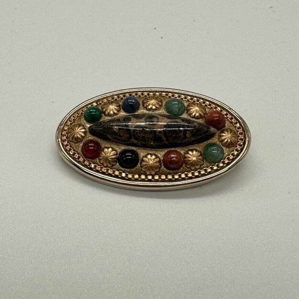 Michal‎ Golan 1.5" Oval Brooch Pin Pendant Gold Tone Goldstone Jasper Aventurine - Picture 9 of 9